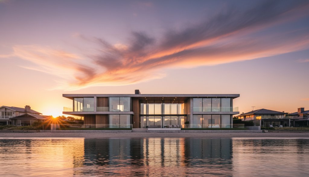 A striking professional photograph showcasing the elegant lines of a modern beach house in Parkdale, Victoria, at sunset, capturing the unique essence of Parkdale beachfront architecture photography with warm golden light reflecting off the facade.