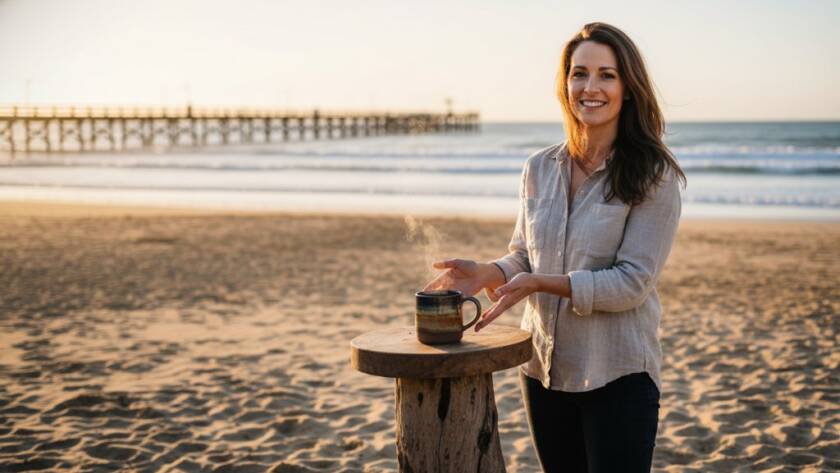 A dramatic wide-angle shot featuring a local Parkdale cafe owner proudly presenting their artisanal coffee on a sunny morning, with the iconic Parkdale Beach and pier in the background, expertly captured through professional Parkdale business advertising photography Victoria, showcasing warmth and local charm.