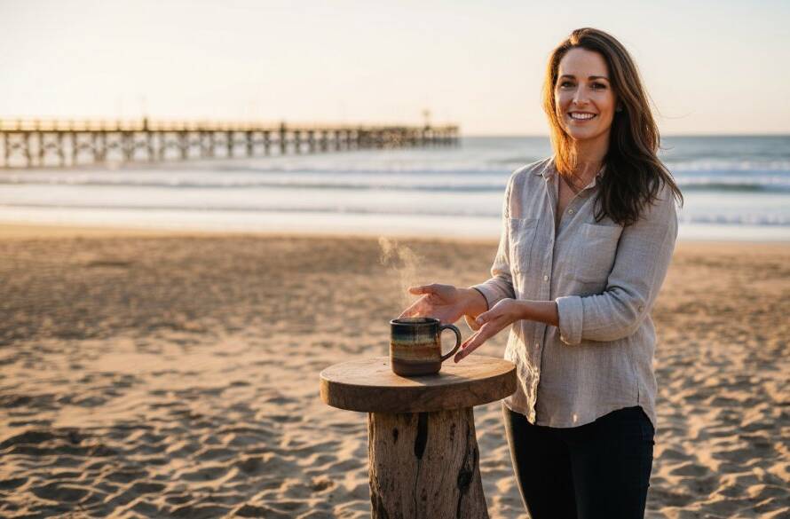 A dramatic wide-angle shot featuring a local Parkdale cafe owner proudly presenting their artisanal coffee on a sunny morning, with the iconic Parkdale Beach and pier in the background, expertly captured through professional Parkdale business advertising photography Victoria, showcasing warmth and local charm.