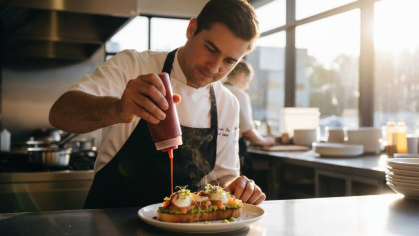Dynamic, high-angle shot showcasing a beautifully plated brunch dish, with a skilled chef applying a final garnish in a sunlit Parkdale cafe kitchen, highlighting the artistry of Parkdale Cafe Food Photography Enhancing Local Menus.