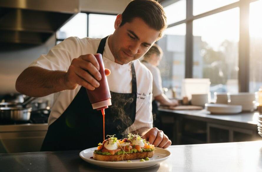 Dynamic, high-angle shot showcasing a beautifully plated brunch dish, with a skilled chef applying a final garnish in a sunlit Parkdale cafe kitchen, highlighting the artistry of Parkdale Cafe Food Photography Enhancing Local Menus.