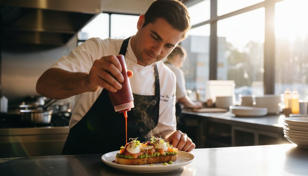 Dynamic, high-angle shot showcasing a beautifully plated brunch dish, with a skilled chef applying a final garnish in a sunlit Parkdale cafe kitchen, highlighting the artistry of Parkdale Cafe Food Photography Enhancing Local Menus.