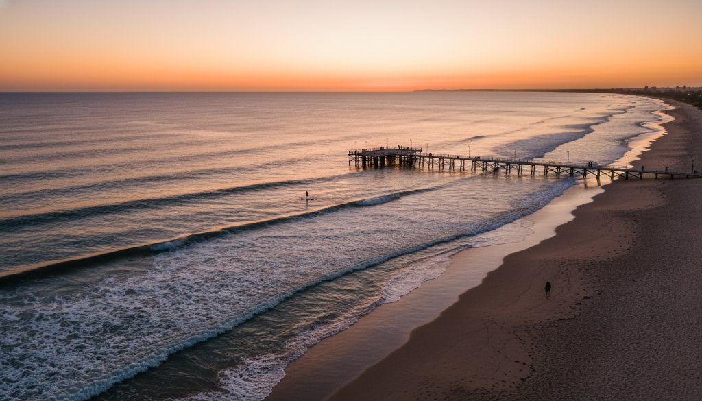 An epic moment of a drone capturing Parkdale coastal drone photography stunning aerial views, featuring golden hour light illuminating the serene beach, distant pier, and sparkling azure waters from a high vantage point.