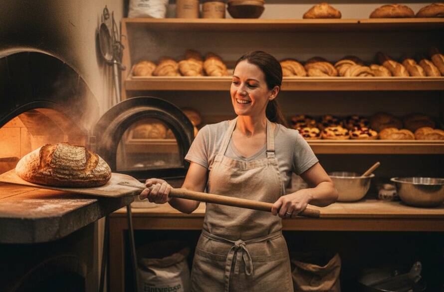 Dramatic wide shot of a local small business owner proudly standing in front of their thriving cafe in Parkdale, bathed in golden hour light, symbolizing successful Parkdale commercial photography for local small businesses.