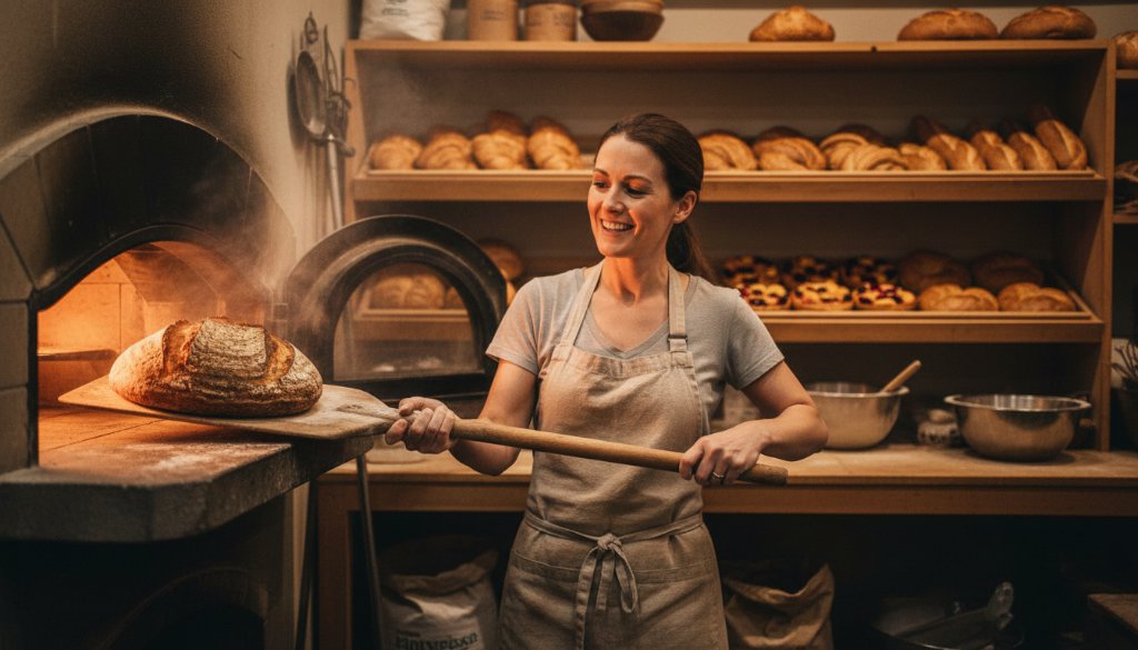 Dramatic wide shot of a local small business owner proudly standing in front of their thriving cafe in Parkdale, bathed in golden hour light, symbolizing successful Parkdale commercial photography for local small businesses.