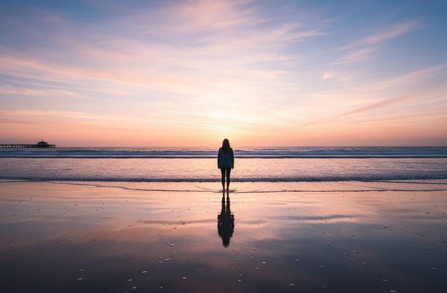 A breathtaking wide-angle shot of a solitary figure standing on Parkdale Beach at dawn, surrounded by soft, diffused light, reflecting the unique Parkdale Fine Art Photography Coastal Serenity. The golden hour light kisses the gentle waves, creating a serene and timeless composition, a true epic moment captured.