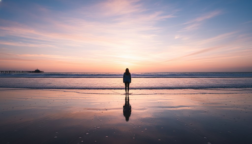 A breathtaking wide-angle shot of a solitary figure standing on Parkdale Beach at dawn, surrounded by soft, diffused light, reflecting the unique Parkdale Fine Art Photography Coastal Serenity. The golden hour light kisses the gentle waves, creating a serene and timeless composition, a true epic moment captured.