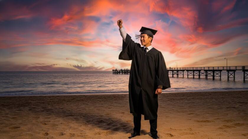 A graduating student in a cap and gown leaps joyfully on Parkdale Beach at sunset, with the bay and pier in the background, beautifully lit by golden hour light, celebrating their academic achievement. This epic moment of Parkdale graduation photography capturing beachside joy is professionally captured with dramatic lighting and vibrant colours.
