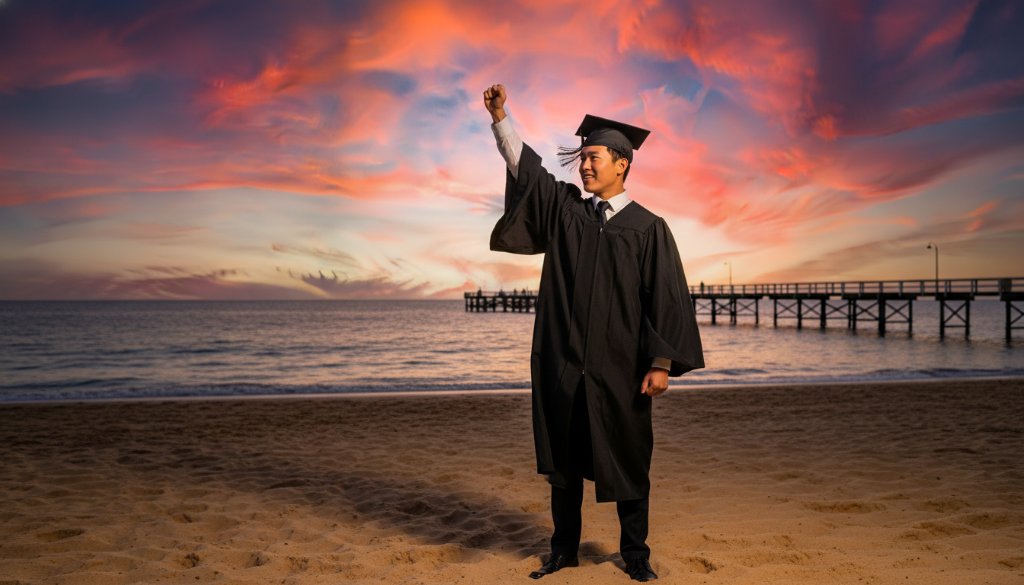 A graduating student in a cap and gown leaps joyfully on Parkdale Beach at sunset, with the bay and pier in the background, beautifully lit by golden hour light, celebrating their academic achievement. This epic moment of Parkdale graduation photography capturing beachside joy is professionally captured with dramatic lighting and vibrant colours.