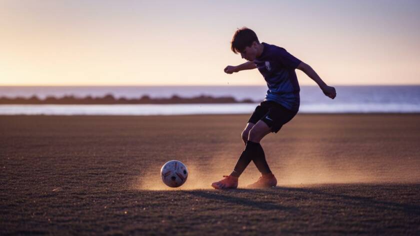 A professional, color-graded photograph capturing an epic moment in Parkdale junior sports photography action shots, featuring a young athlete scoring a goal on Parkdale Beach Oval under dramatic sunset lighting.