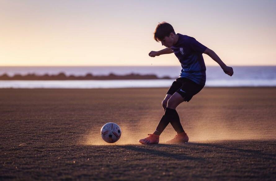 A professional, color-graded photograph capturing an epic moment in Parkdale junior sports photography action shots, featuring a young athlete scoring a goal on Parkdale Beach Oval under dramatic sunset lighting.