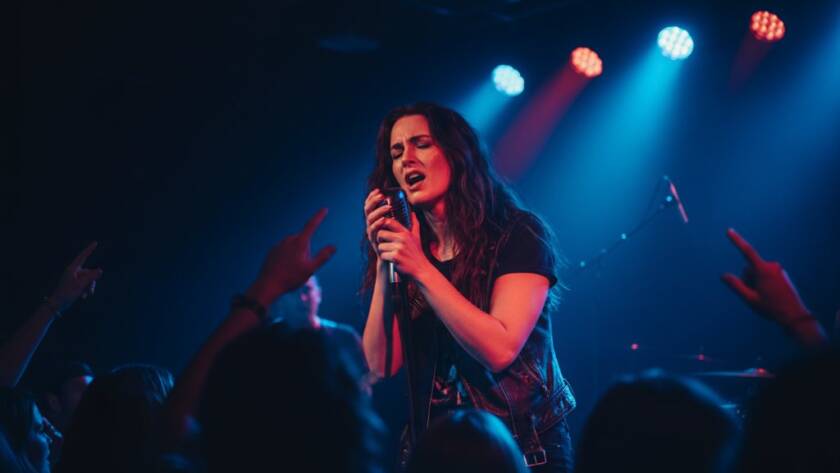 Dynamic, low-angle shot of a lead guitarist shredding on stage at a local venue in Parkdale, Victoria, illuminated by dramatic stage lights, capturing the raw energy of Parkdale Live Music Photography Capturing Local Gigs in an epic moment of performance.