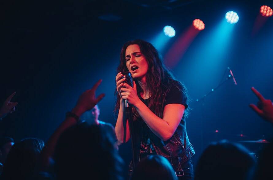 Dynamic, low-angle shot of a lead guitarist shredding on stage at a local venue in Parkdale, Victoria, illuminated by dramatic stage lights, capturing the raw energy of Parkdale Live Music Photography Capturing Local Gigs in an epic moment of performance.