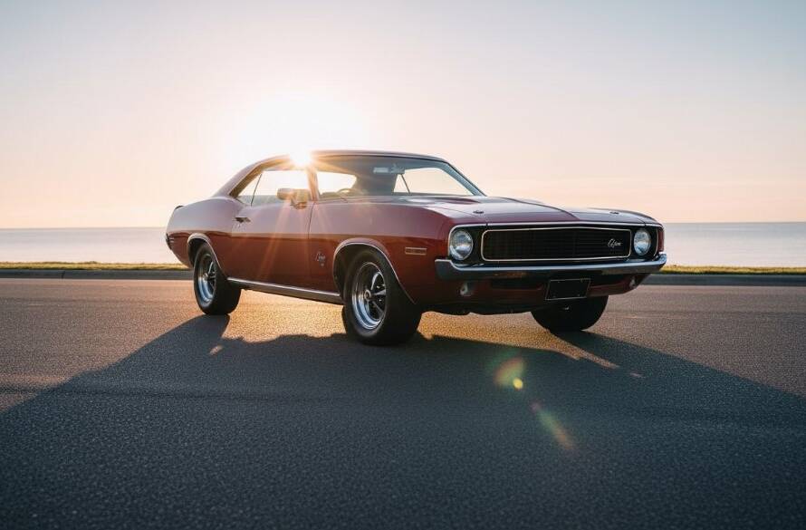 An epic, cinematic shot of a gleaming vintage muscle car parked along the Parkdale foreshore at sunset, its chrome reflecting the dramatic golden light, embodying professional Parkdale prestige car photography.