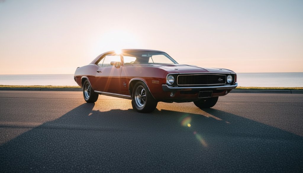An epic, cinematic shot of a gleaming vintage muscle car parked along the Parkdale foreshore at sunset, its chrome reflecting the dramatic golden light, embodying professional Parkdale prestige car photography.