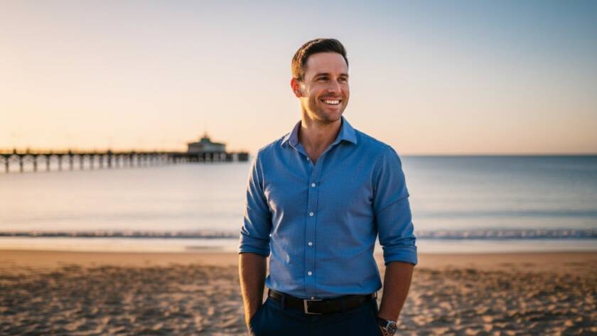 A confident Parkdale business owner, mid-laugh, captured in a stunning, sun-drenched professional headshot, with the iconic Parkdale beach pier and calm bay waters softly blurred in the background, showcasing expert professional headshots Parkdale for local business owners with cinematic lighting and rich colours.