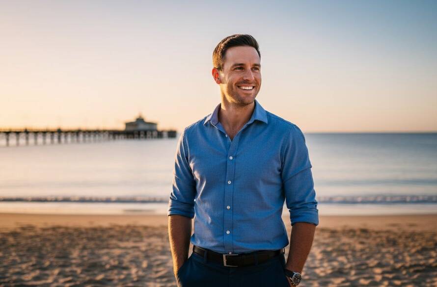 A confident Parkdale business owner, mid-laugh, captured in a stunning, sun-drenched professional headshot, with the iconic Parkdale beach pier and calm bay waters softly blurred in the background, showcasing expert professional headshots Parkdale for local business owners with cinematic lighting and rich colours.