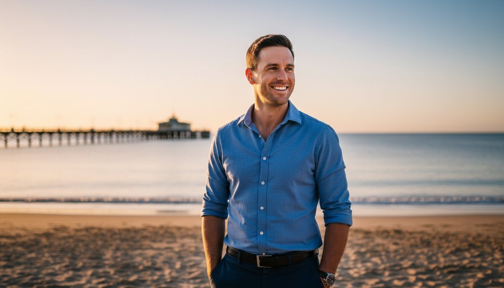 A confident Parkdale business owner, mid-laugh, captured in a stunning, sun-drenched professional headshot, with the iconic Parkdale beach pier and calm bay waters softly blurred in the background, showcasing expert professional headshots Parkdale for local business owners with cinematic lighting and rich colours.