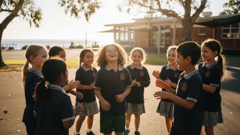 A heartwarming, sun-drenched photograph capturing a Parkdale school photography candid moment of a child laughing joyfully with friends in a vibrant schoolyard, showcasing genuine emotion and the essence of childhood fun, with dynamic composition and professional colour grading.