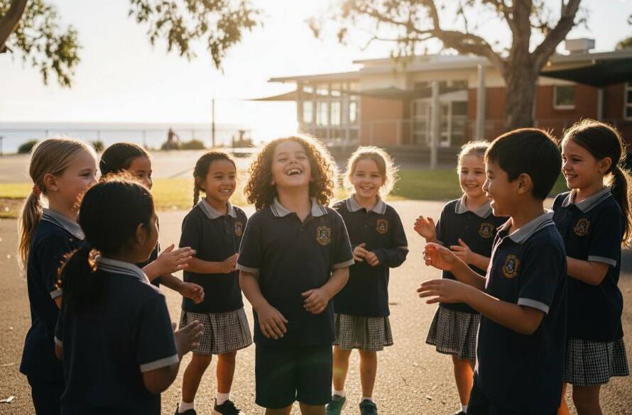 A heartwarming, sun-drenched photograph capturing a Parkdale school photography candid moment of a child laughing joyfully with friends in a vibrant schoolyard, showcasing genuine emotion and the essence of childhood fun, with dynamic composition and professional colour grading.
