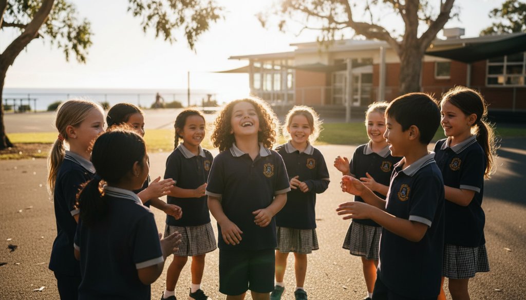 A heartwarming, sun-drenched photograph capturing a Parkdale school photography candid moment of a child laughing joyfully with friends in a vibrant schoolyard, showcasing genuine emotion and the essence of childhood fun, with dynamic composition and professional colour grading.