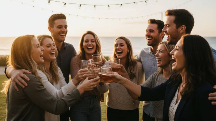 An epic moment of pure elation captured by a Parkdale Victoria professional event photography service: A couple laughing joyously amidst sparkling fairy lights at a twilight outdoor event, their faces illuminated with warmth and happiness, professionally colour-graded.