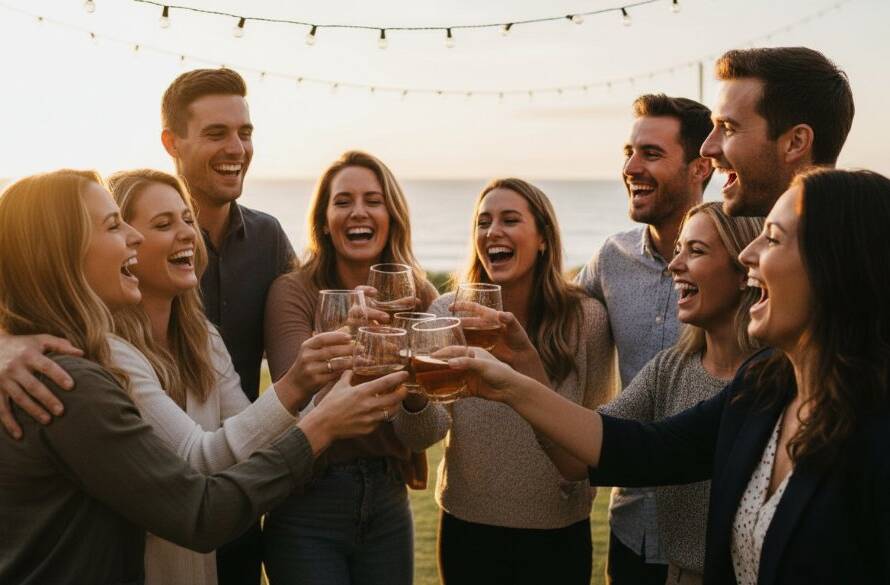 An epic moment of pure elation captured by a Parkdale Victoria professional event photography service: A couple laughing joyously amidst sparkling fairy lights at a twilight outdoor event, their faces illuminated with warmth and happiness, professionally colour-graded.