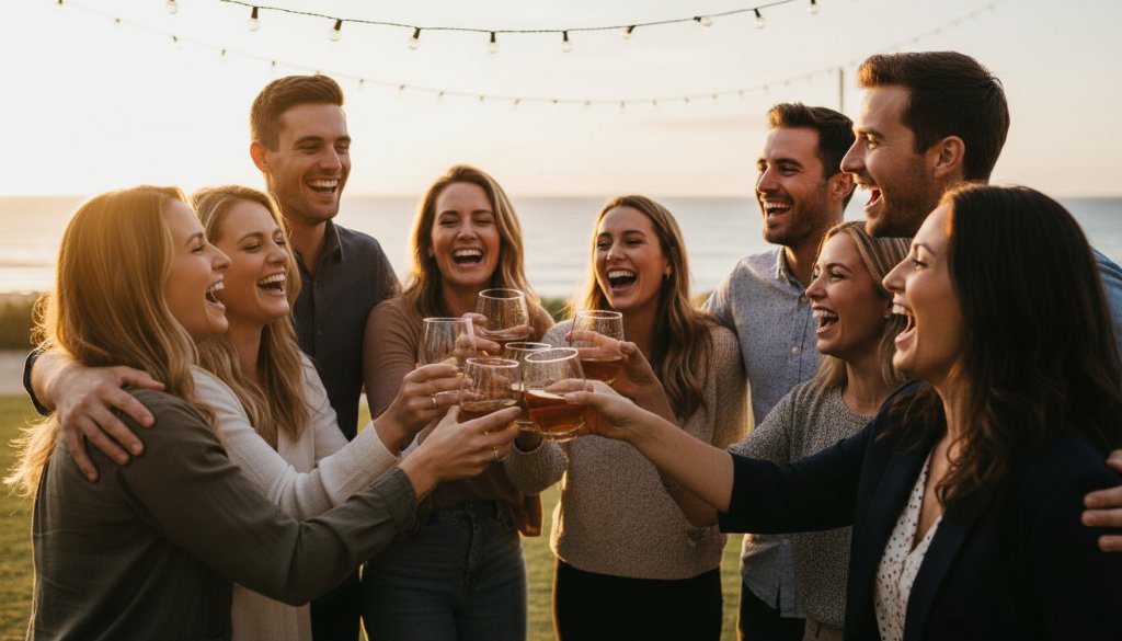 An epic moment of pure elation captured by a Parkdale Victoria professional event photography service: A couple laughing joyously amidst sparkling fairy lights at a twilight outdoor event, their faces illuminated with warmth and happiness, professionally colour-graded.
