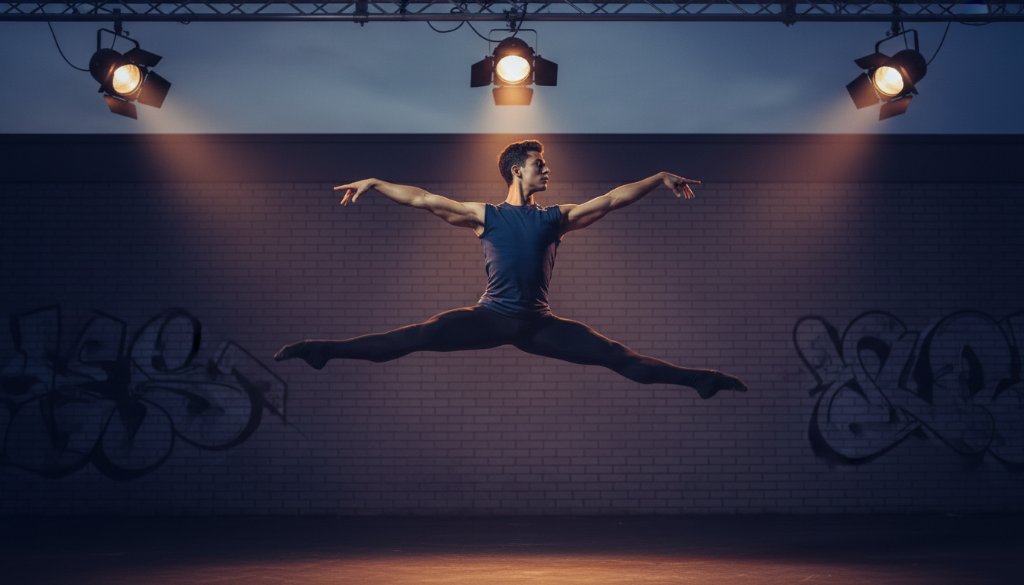 An electrifying 'epic moment' photograph capturing a dancer mid-air, bathed in dramatic stage lighting, showcasing passionate Mulgrave dance photography vibrant artist portraits. The dancer's powerful leap is frozen in time against a blurred urban Mulgrave backdrop at dusk, emphasizing raw emotion and athletic grace.