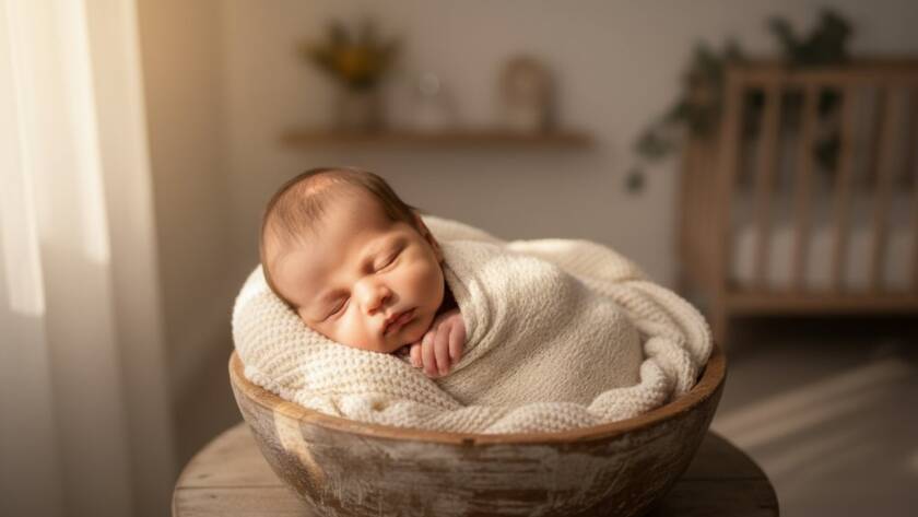 An ethereal and peaceful newborn photography portrait in Blackburn North Victoria, featuring a sleeping baby wrapped in soft cream fabric, bathed in warm, gentle window light, held protectively in a parent's hands, creating a tender and timeless epic moment.