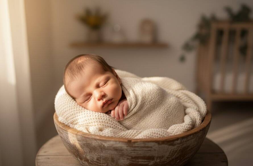 An ethereal and peaceful newborn photography portrait in Blackburn North Victoria, featuring a sleeping baby wrapped in soft cream fabric, bathed in warm, gentle window light, held protectively in a parent's hands, creating a tender and timeless epic moment.