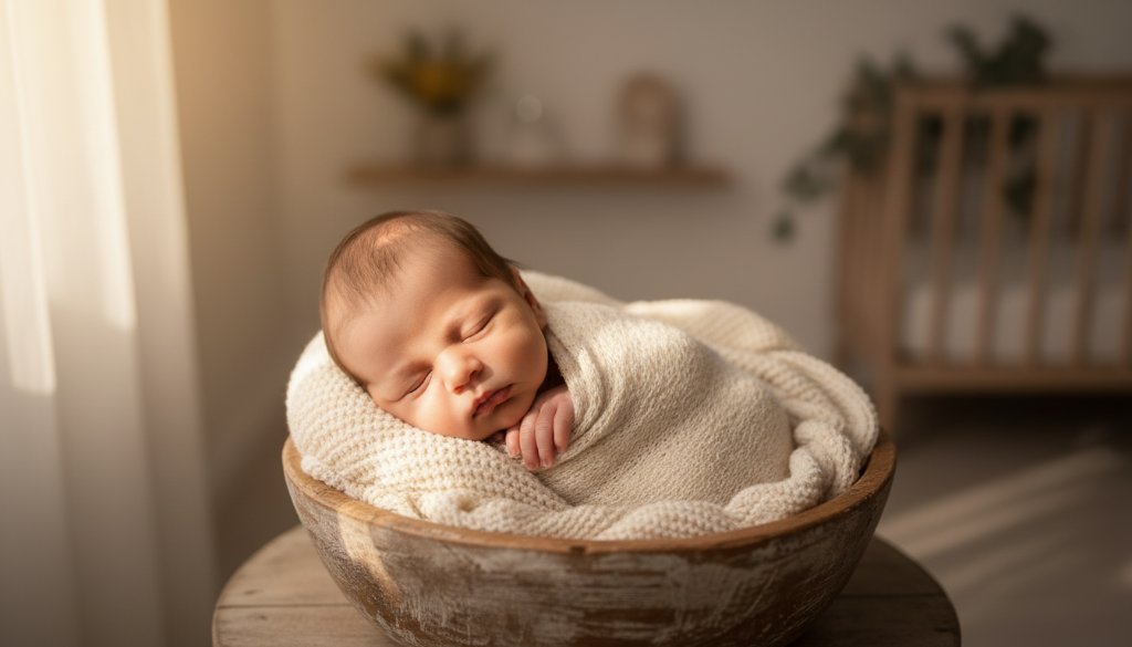 An ethereal and peaceful newborn photography portrait in Blackburn North Victoria, featuring a sleeping baby wrapped in soft cream fabric, bathed in warm, gentle window light, held protectively in a parent's hands, creating a tender and timeless epic moment.