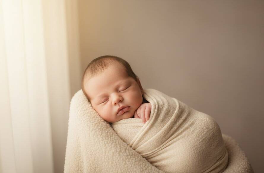 An intimate, peaceful newborn photography session in Box Hill South VIC, featuring a sleeping baby swaddled in soft cream fabric, bathed in warm, ethereal light from a large window, symbolizing a serene and tender beginning, captured with artistic depth and professional colour grading.