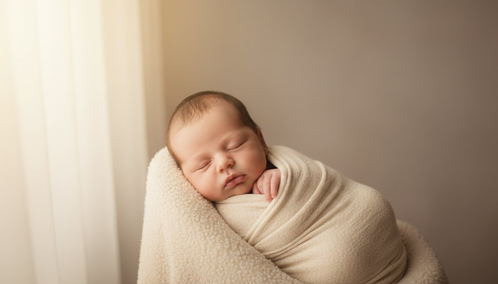 An intimate, peaceful newborn photography session in Box Hill South VIC, featuring a sleeping baby swaddled in soft cream fabric, bathed in warm, ethereal light from a large window, symbolizing a serene and tender beginning, captured with artistic depth and professional colour grading.