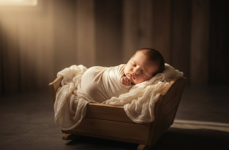A heartwarming, softly lit, wide-angle shot of a tiny newborn baby swaddled in a gentle, creamy blanket, peacefully asleep on a plush prop, with parents' blurred hands gently cradling, conveying the serene and peaceful newborn photography Wheelers Hill studios experience.