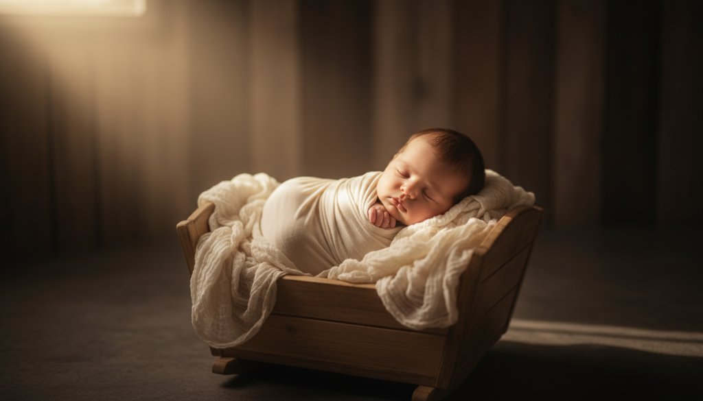 A heartwarming, softly lit, wide-angle shot of a tiny newborn baby swaddled in a gentle, creamy blanket, peacefully asleep on a plush prop, with parents' blurred hands gently cradling, conveying the serene and peaceful newborn photography Wheelers Hill studios experience.