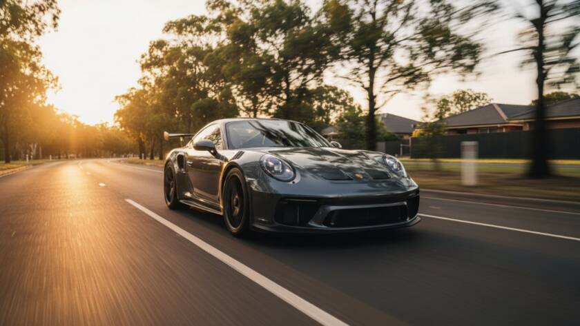 Dramatic shot of a sleek red sports car speeding through a winding, tree-lined road in Donvale, Victoria, at sunset, capturing the essence of performance vehicle photography with dynamic lighting, motion blur, and a golden hour glow.