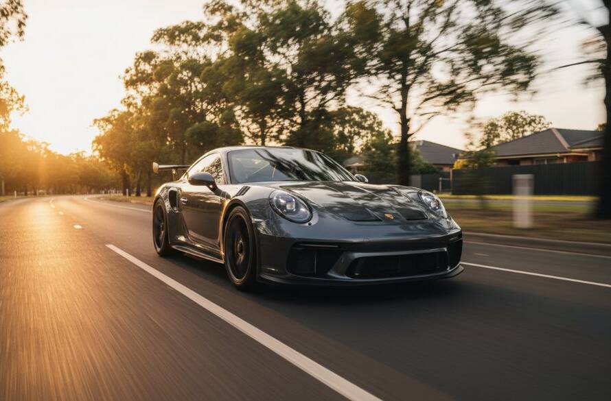 Dramatic shot of a sleek red sports car speeding through a winding, tree-lined road in Donvale, Victoria, at sunset, capturing the essence of performance vehicle photography with dynamic lighting, motion blur, and a golden hour glow.