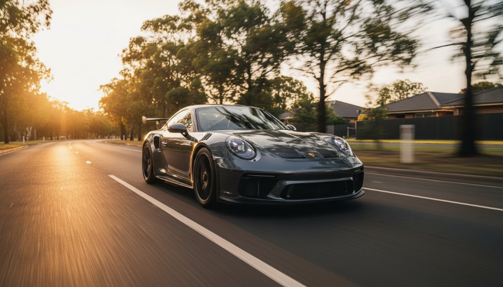Dramatic shot of a sleek red sports car speeding through a winding, tree-lined road in Donvale, Victoria, at sunset, capturing the essence of performance vehicle photography with dynamic lighting, motion blur, and a golden hour glow.