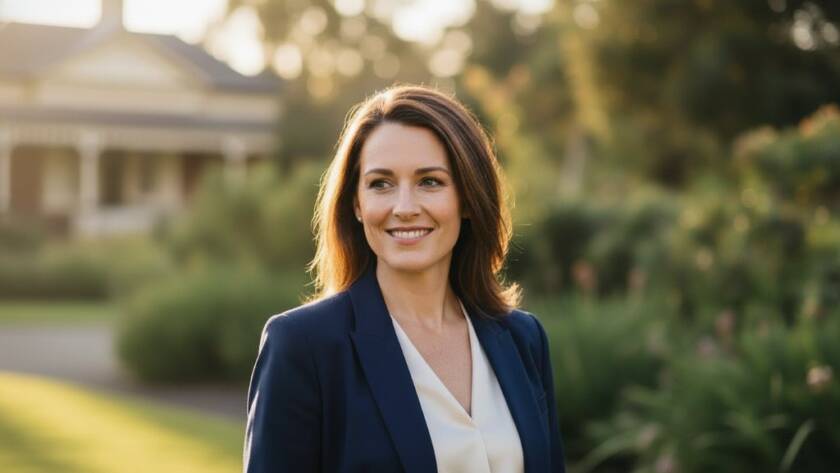 A confident professional, mid-laugh, captured in a dynamic close-up portrait with stunning natural light filtering through gum trees in a park in Blackburn South, highlighting their radiant smile. This epic moment photograph showcases authentic connection and is perfect for Personal Branding Headshots Blackburn South Melbourne.