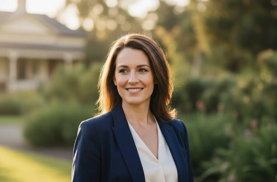 A confident professional, mid-laugh, captured in a dynamic close-up portrait with stunning natural light filtering through gum trees in a park in Blackburn South, highlighting their radiant smile. This epic moment photograph showcases authentic connection and is perfect for Personal Branding Headshots Blackburn South Melbourne.