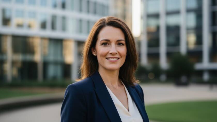 A confident professional woman in a modern business suit, captured in a dynamic close-up for her Personal Branding Headshots Doncaster Victoria, with soft, directional light highlighting her determined expression against a subtly blurred, contemporary urban background, conveying professionalism and approachability.