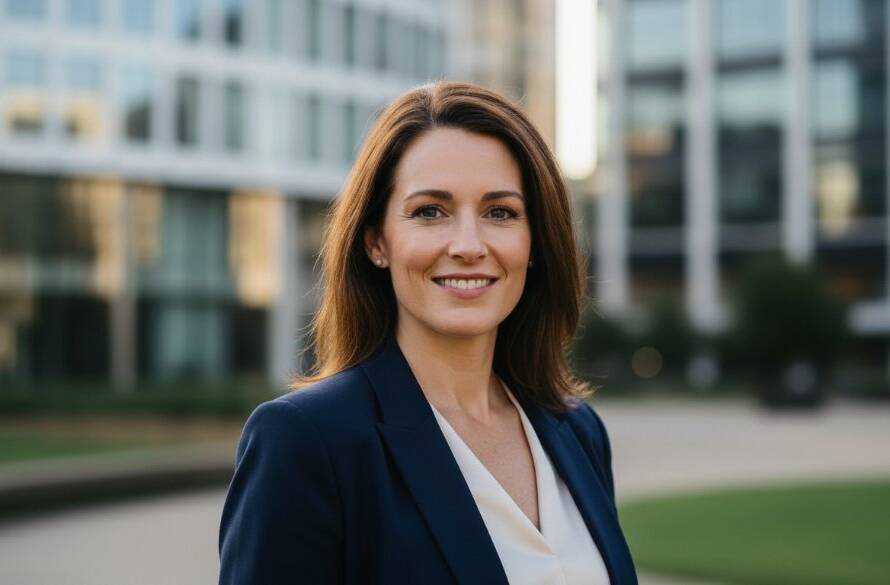A confident professional woman in a modern business suit, captured in a dynamic close-up for her Personal Branding Headshots Doncaster Victoria, with soft, directional light highlighting her determined expression against a subtly blurred, contemporary urban background, conveying professionalism and approachability.