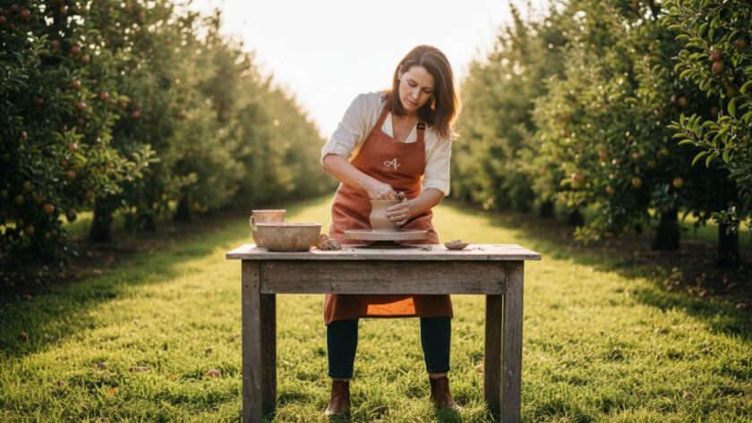 An inspiring outdoor shot for personal branding photography Bacchus Marsh for local entrepreneurs, featuring a female artisan passionately working on her craft amidst the lush, sun-drenched orchards of Bacchus Marsh, captured with dramatic, golden hour lighting and a shallow depth of field, conveying authenticity and dedication.