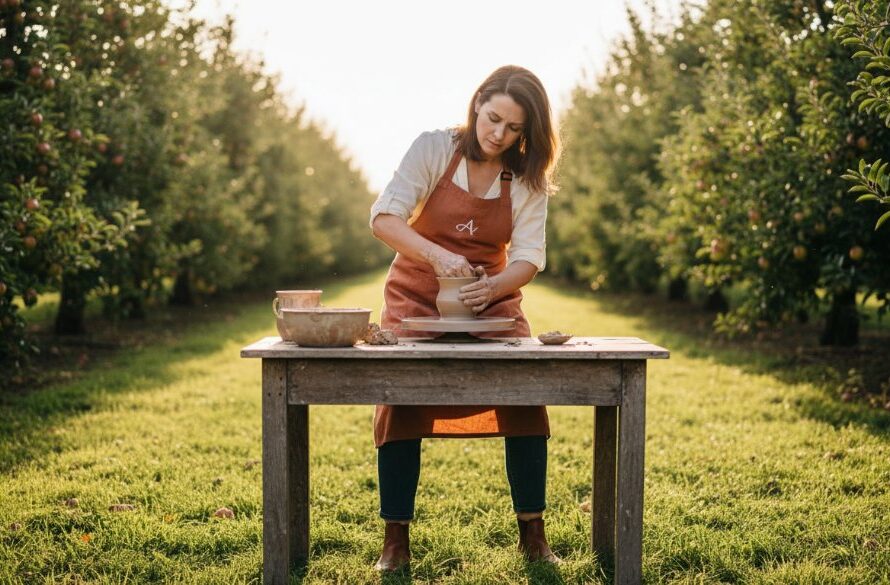 An inspiring outdoor shot for personal branding photography Bacchus Marsh for local entrepreneurs, featuring a female artisan passionately working on her craft amidst the lush, sun-drenched orchards of Bacchus Marsh, captured with dramatic, golden hour lighting and a shallow depth of field, conveying authenticity and dedication.