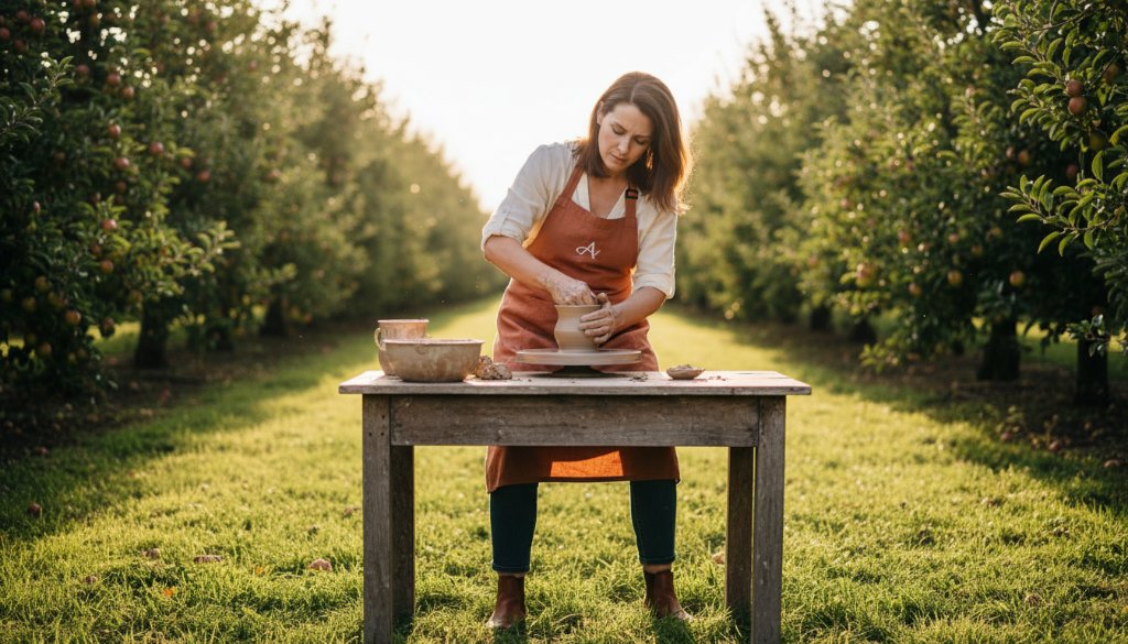 An inspiring outdoor shot for personal branding photography Bacchus Marsh for local entrepreneurs, featuring a female artisan passionately working on her craft amidst the lush, sun-drenched orchards of Bacchus Marsh, captured with dramatic, golden hour lighting and a shallow depth of field, conveying authenticity and dedication.