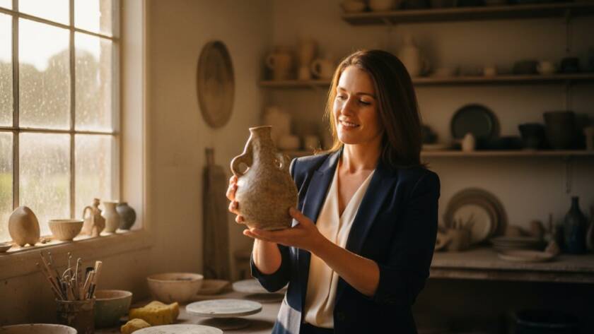 An inspiring, 'epic moment' style photograph of a dynamic female entrepreneur showcasing her bespoke jewellery collection in a sunlit, elegant boutique in Carnegie, Victoria, highlighting her unique brand with personalised branding photography Carnegie small businesses.