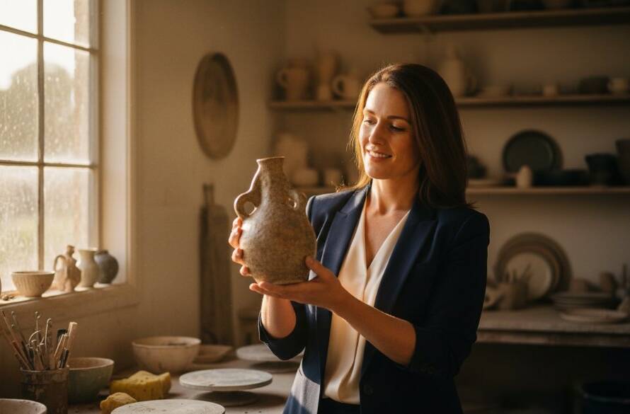 An inspiring, 'epic moment' style photograph of a dynamic female entrepreneur showcasing her bespoke jewellery collection in a sunlit, elegant boutique in Carnegie, Victoria, highlighting her unique brand with personalised branding photography Carnegie small businesses.