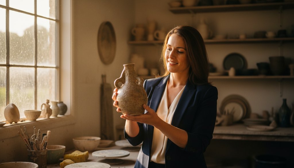 An inspiring, 'epic moment' style photograph of a dynamic female entrepreneur showcasing her bespoke jewellery collection in a sunlit, elegant boutique in Carnegie, Victoria, highlighting her unique brand with personalised branding photography Carnegie small businesses.