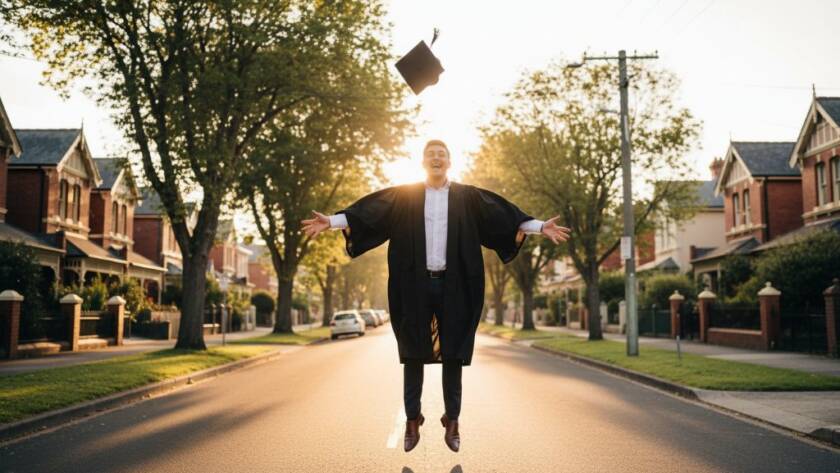 An ecstatic graduate in Malvern East, cap in the air against a vibrant sunset, celebrating their personalised graduation photography Malvern East moment with a triumphant smile, captured with dramatic, professional lighting.